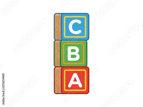 Three colorful wooden alphabet blocks stacked vertically, showing letters A, B, and C.