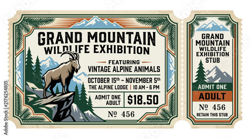 Photography Vintage Grand Mountain Wildlife Exhibition Ticket Stub Art