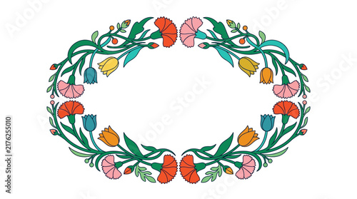 Oval Floral Border Frame with Colorful Flowers Isolated on Transparent Background