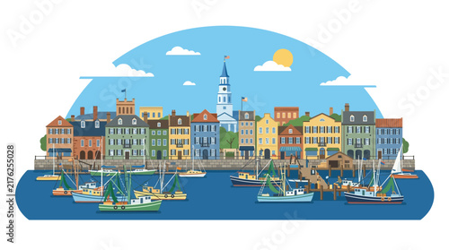 Seaside Town Skyline with Fishing Boats in Harbor, Coastal City Illustration