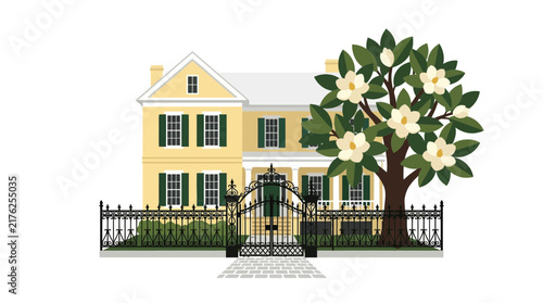 Southern Mansion Illustration with Magnolia Tree and Wrought Iron Fence