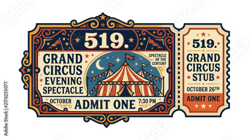 Vintage Circus Ticket Admit One Grand Evening Spectacle Isolated