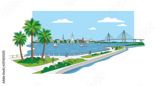 Charleston SC Waterfront Skyline with Palm Trees and Bridge