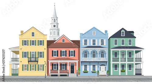 Colorful Historic Row Houses with Steeple and Cobblestone Street