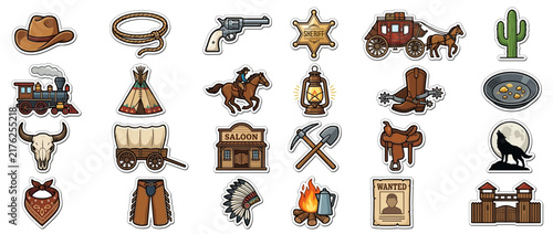 Wild West Icons Collection: Cowboy Hat, Lasso, Revolver, Cactus, Train
