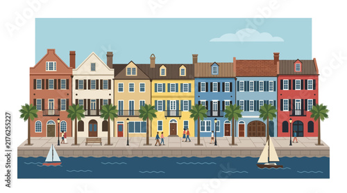 Colorful historic waterfront buildings, palm trees, sailboats, and people walking