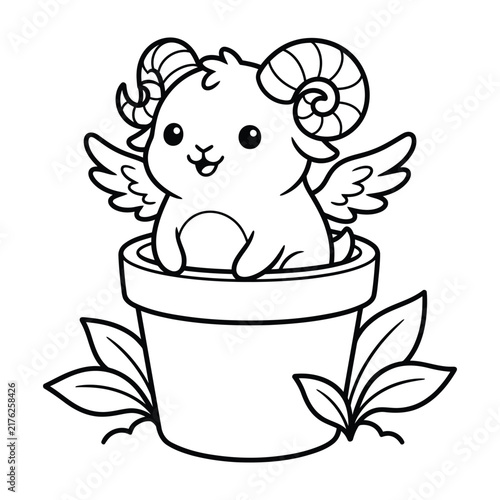Foto Cute winged baby ram sitting inside flower pot coloring page, magical little she