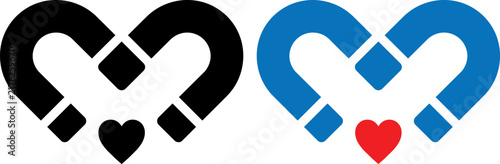 Vector illustration of Magnetic heart icon set, horseshoe magnet love symbol in black and blue, romantic attraction vector graphics for dating apps isolated on Transparent Background
