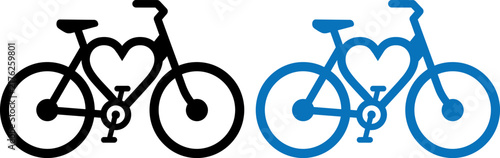 Vector illustration of Minimalist bicycle heart icons, black and blue bike silhouettes with heart frames, 2 vector elements for cycling love isolated on Transparent Background