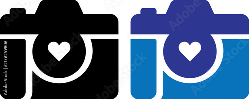 Vector illustration of Minimalist camera heart icons, photography logo symbols in black and blue, professional photographer branding vector set isolated on Transparent Background