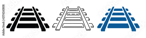 Railway track icons, black white and blue railroad symbols, straight train tracks, transportation infrastructure, railway system, railroad network, transit, travel, vector design.