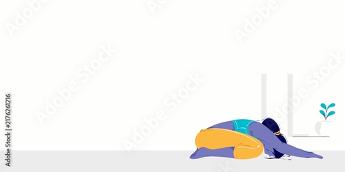 Woman practicing relaxing child pose yoga at home with copyspace