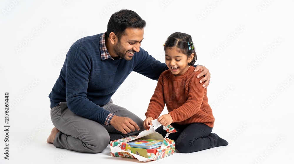 Fototapeta premium Father and daughter excitedly unwrap a birthday present together on a white background