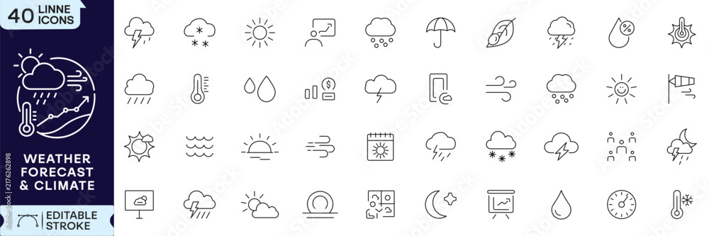 Obraz premium Weather forecast and climate line icon collection with storm, temperature, rainfall, wind, snow and seasonal meteorology symbols, Editable Stroke Vector Illustration