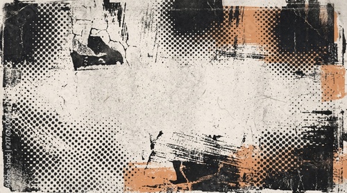 Distressed grunge halftone poster background with rough ink, photocopy texture and muted orange accents