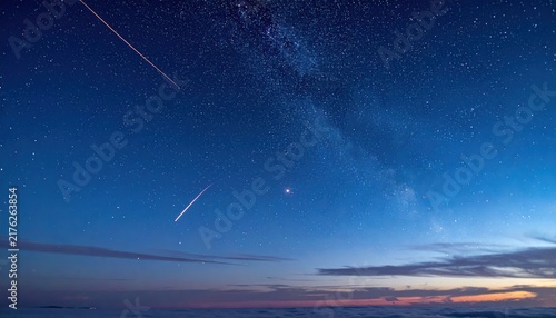 Stunning starry night sky with shooting stars and milky way galaxy at dawn.