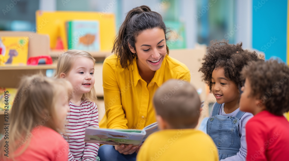 Obraz premium Smiling teacher reading a picture book with a diverse group of young children in a bright classroom. Warm educational scene highlighting learning, inclusion, communication and early childhood developm