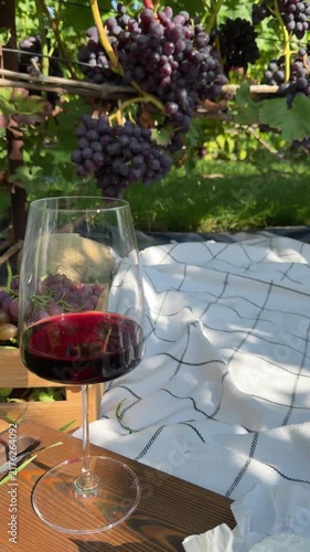 Red Wine Glass and Camembert Cheese at Vineyard Picnic Video