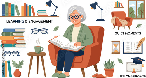 Fotografía Senior woman reading book in armchair vector set with library shelves education