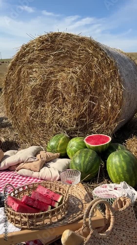 Watermelons And Hay Bale At Autumn Picnic Field Video