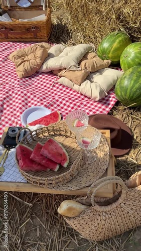 Summer Picnic With Watermelon Slices And Basket On Plaid Video
