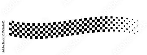 Winding checkered banner with faded effect. Wavy taxi or police car border. Rally flag texture. Motocross, karting or chess game print. Start or finish concept. Vector graphic illustration