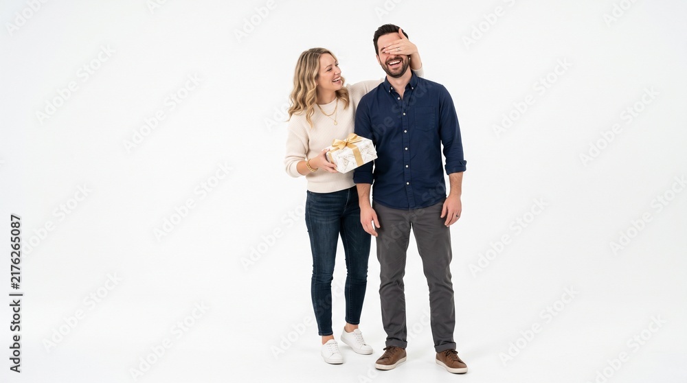 Fototapeta premium Woman surprises man with a gift, covering his eyes with a playful gesture