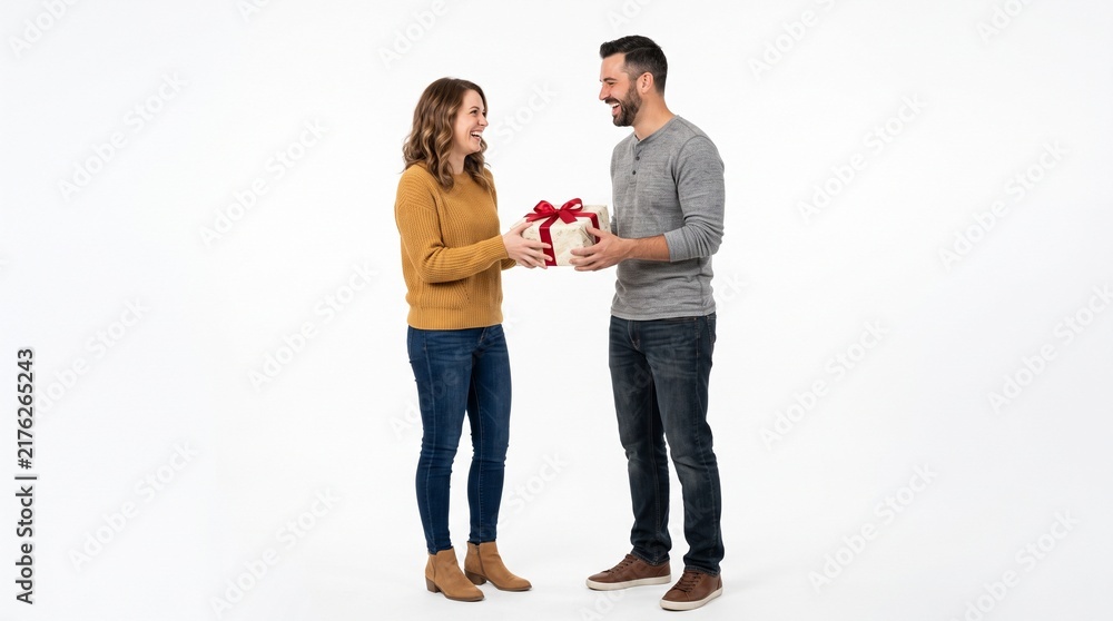 Fototapeta premium Woman happily gives a gift to a man on a white background