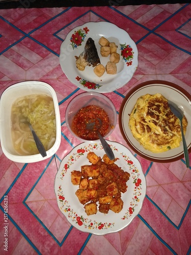 Obraz na płótnie Local Food Assorted Dishes with Vegetables, tempeh and Sambal
