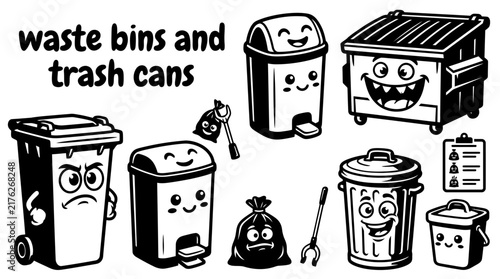 waste bins and trash cans featuring household bins outdoor garbage cans recycling containers pedal bins wheelie bins metal dumpsters and sorting vector illustration set for sanitation cleaning
