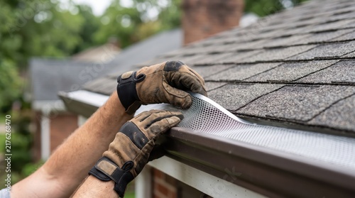Hands in work gloves installing a metal mesh gutter guard on a roof, illustrating home improvement, rainwater drainage protection and preventative roof maintenance.