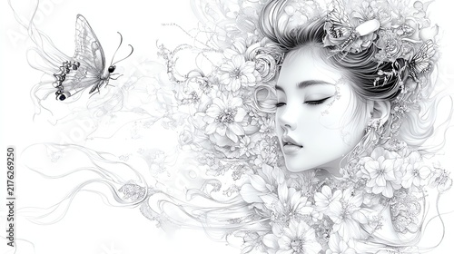 Floral and Fauna Fusion Art, an intricate line art of a woman's face merging with detailed flowers and a butterfly, artistic tattoo design