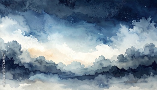 Ethereal Watercolor Painting of Dramatic Storm Clouds Gathering in a Deep Blue Twilight Sky with Soft Golden Horizon Light