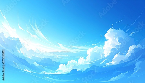 Bright and vibrant blue sky adorned with an array of graceful white clouds, offering a breathtaking and serene natural backdrop of endless possibilities