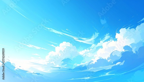 Bright Blue Anime Sky with Fluffy White Clouds and Sunlight Daytime Cloudscape Illustration