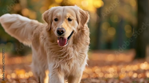 Golden Retriever Dog Walking On Autumn Leaves In Park, Happy And Playful