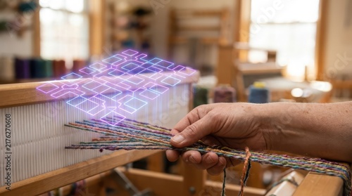 Obraz na płótnie Person weaving colorful threads on a loom with digital pattern overlay in a workshop setting
