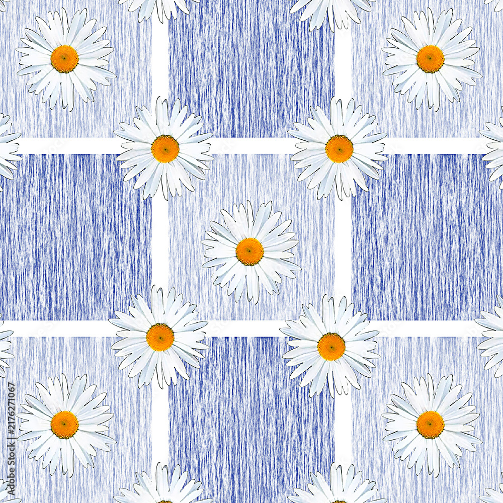Obraz premium Hand-drawn white daisy flowers with yellow centers arranged in a seamless repeating pattern over blue textured square panels and white grid lines. Fresh floral background for spring and summer fabric,