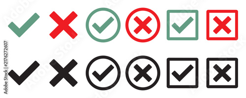 Collection of check mark and cross symbols in various forms like circles and squares, representing validation, confirmation, rejection, and error icons.