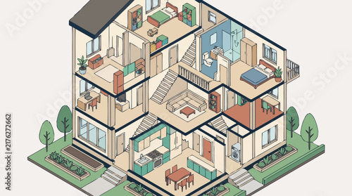 Modern Multi Story House Interior Cross Section View.
