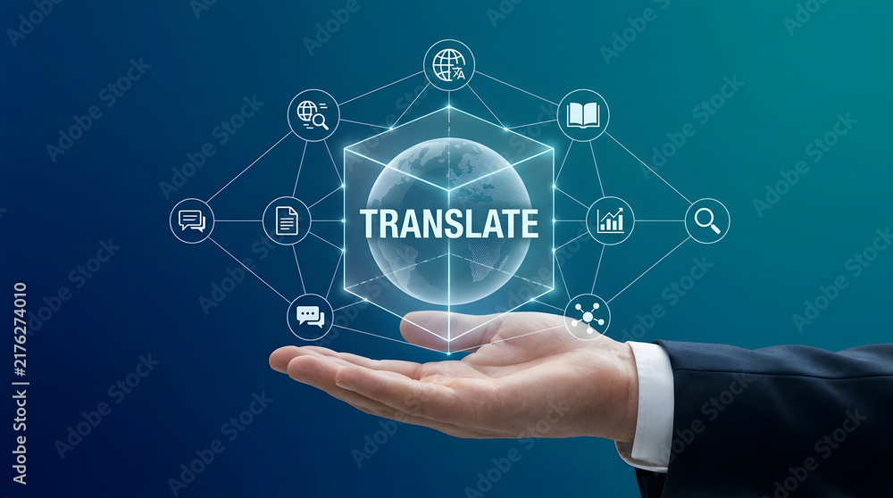 Obraz premium Translation, language and global communication with business hand, technology and digital interface for international service. Multilingual, software and globe with icons for mobile app and internet