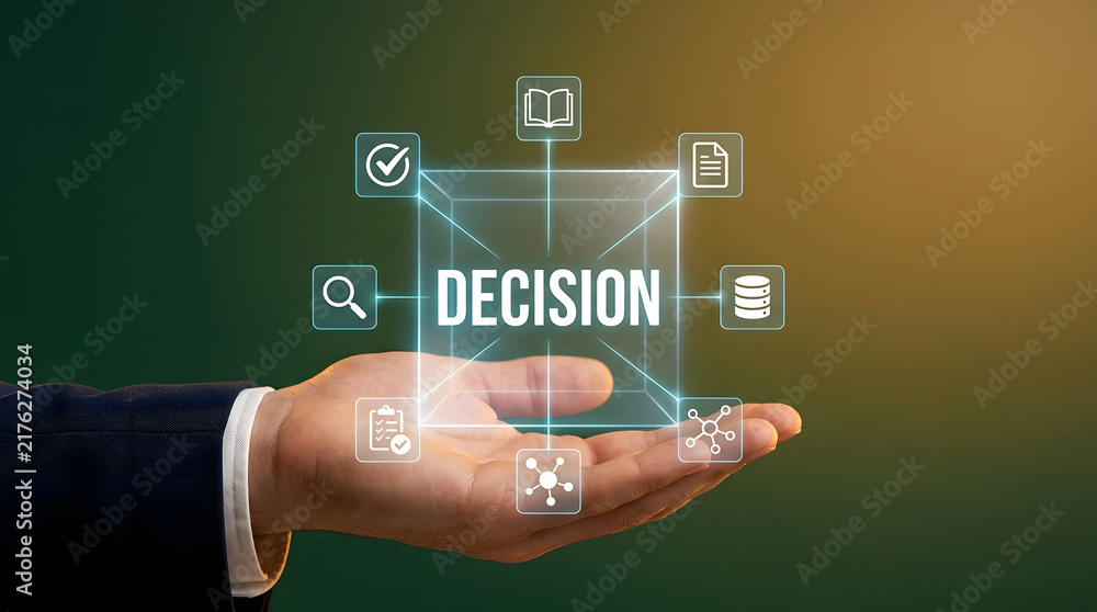 Obraz premium Decision making, business and strategy with hand for choice, planning and corporate leadership. Management, technology and solution with options, process and direction for success, growth and goal