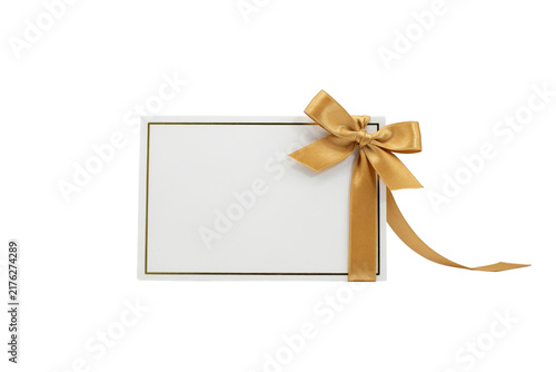 Rectangular white gift card with a gold border and a satin ribbon bow isolated on a transparent background