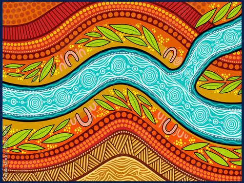 Australian Aboriginal river landscape vector illustration with traditional dot art pattern