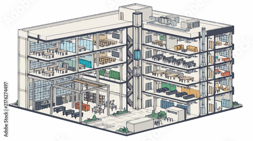 Modern Office Building Interior Cross Section View.