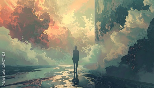 Man Standing Alone in Surreal Dreamlike Sky Landscape.