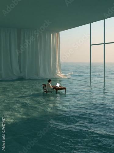 Person sitting on a wooden chair in the middle of a large body of water. the water is a deep blue-green color and appears to be calm and still.