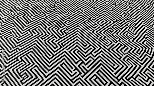 Black and white geometric pattern with a repeating design. the pattern is made up of multiple interlocking lines that form a maze-like structure.