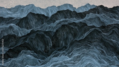 Abstract landscape of a mountain range. the mountains are covered in a dark blue-grey color, with the peaks reaching up towards the sky.