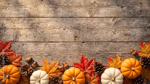 Autumn harvest border with colorful fall leaves, pumpkins, pinecones, and acorns on a rustic wooden background.